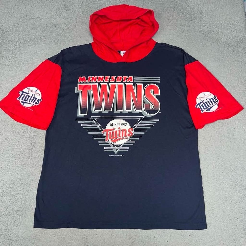 VTG Logo 7 Minnesota Twins Hoodie Shirt Men's Sz XL Blue Red Made in USA Tee 90s